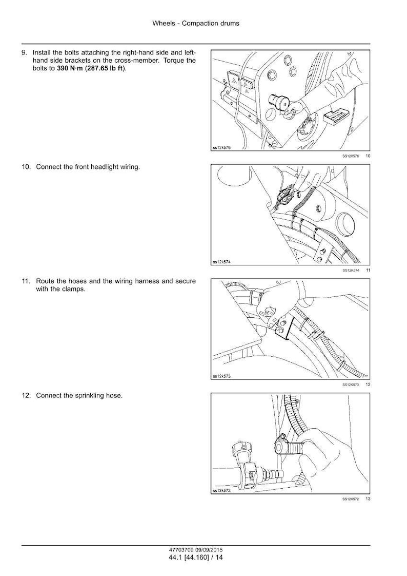 May include: Diagram from a manual showing steps for installing and connecting parts on a machine. The steps include installing bolts, connecting wiring, routing hoses, and connecting a sprinkling hose. The text includes torque specifications in N&middot;m and lb ft.