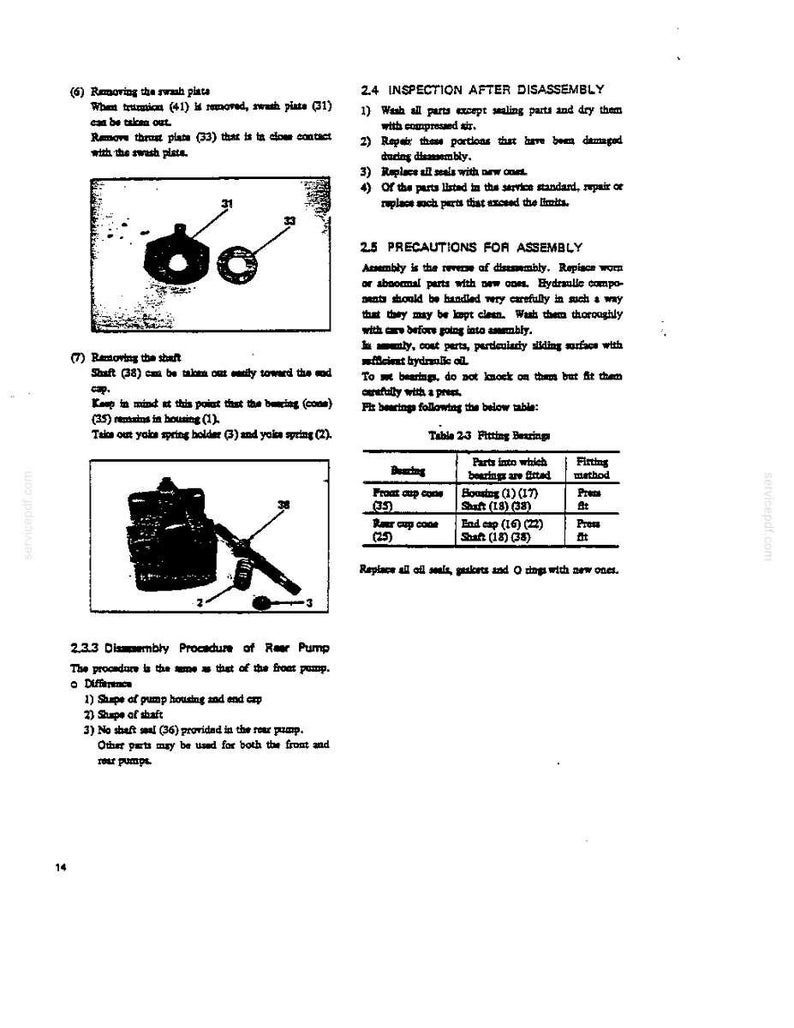 Puede incluir: Una p&aacute;gina de manual t&eacute;cnico con diagramas en blanco y negro de componentes mec&aacute;nicos etiquetados con los n&uacute;meros 31, 33, 38, 2 y 3. El texto incluye instrucciones para retirar el plato oscilante, el eje y el soporte del muelle del yugo.
