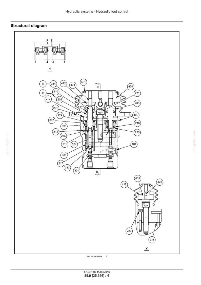 May include: Diagram of a hydraulic foot control system, labeled with numbers and letters. The diagram includes a structural view with various components and labels, such as "Structural diagram" and "Hydraulic systems - Hydraulic foot control".