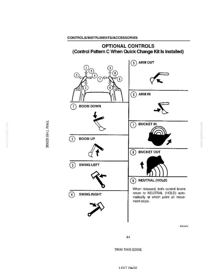 May include: Diagram of optional controls for a machine, detailing boom, arm, and bucket movements. Includes illustrations for boom down, up, swing left, swing right, arm out, arm in, bucket in, bucket out, and neutral hold.