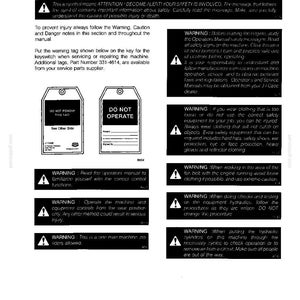 May include: A safety manual page with warnings and instructions. Includes a warning symbol, text, and diagrams. Features "DO NOT OPERATE" and "DO NOT REMOVE" tags. Printed in the USA.