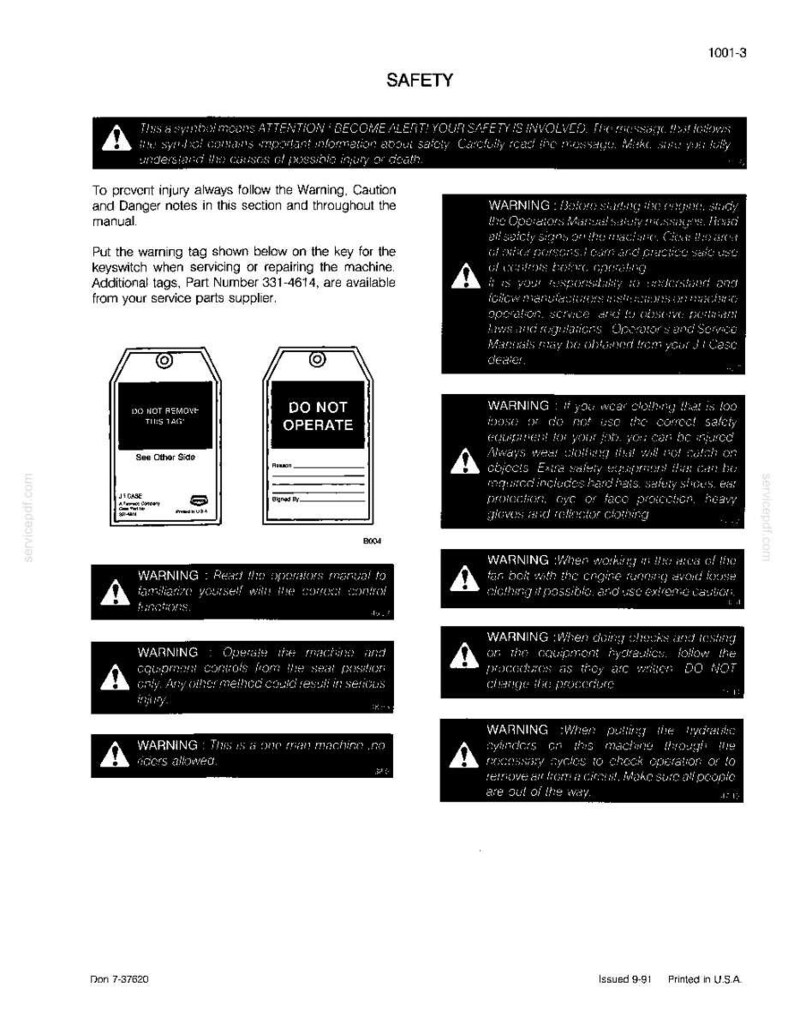 May include: A safety manual page with warnings and instructions. Includes a warning symbol, text, and diagrams. Features "DO NOT OPERATE" and "DO NOT REMOVE" tags. Printed in the USA.