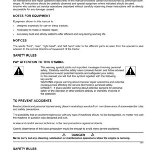 May include: A page from a manual with the title "Safety rules" and text about important notices, equipment, and safety symbols. The page includes warnings and instructions for maintenance and repair operations.