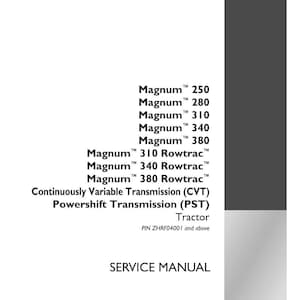 May include: A white service manual cover with black text. The text includes "Magnum" model numbers, "Continuously Variable Transmission (CVT)", and "Powershift Transmission (PST)". The Case IH Agriculture logo is in the bottom right.