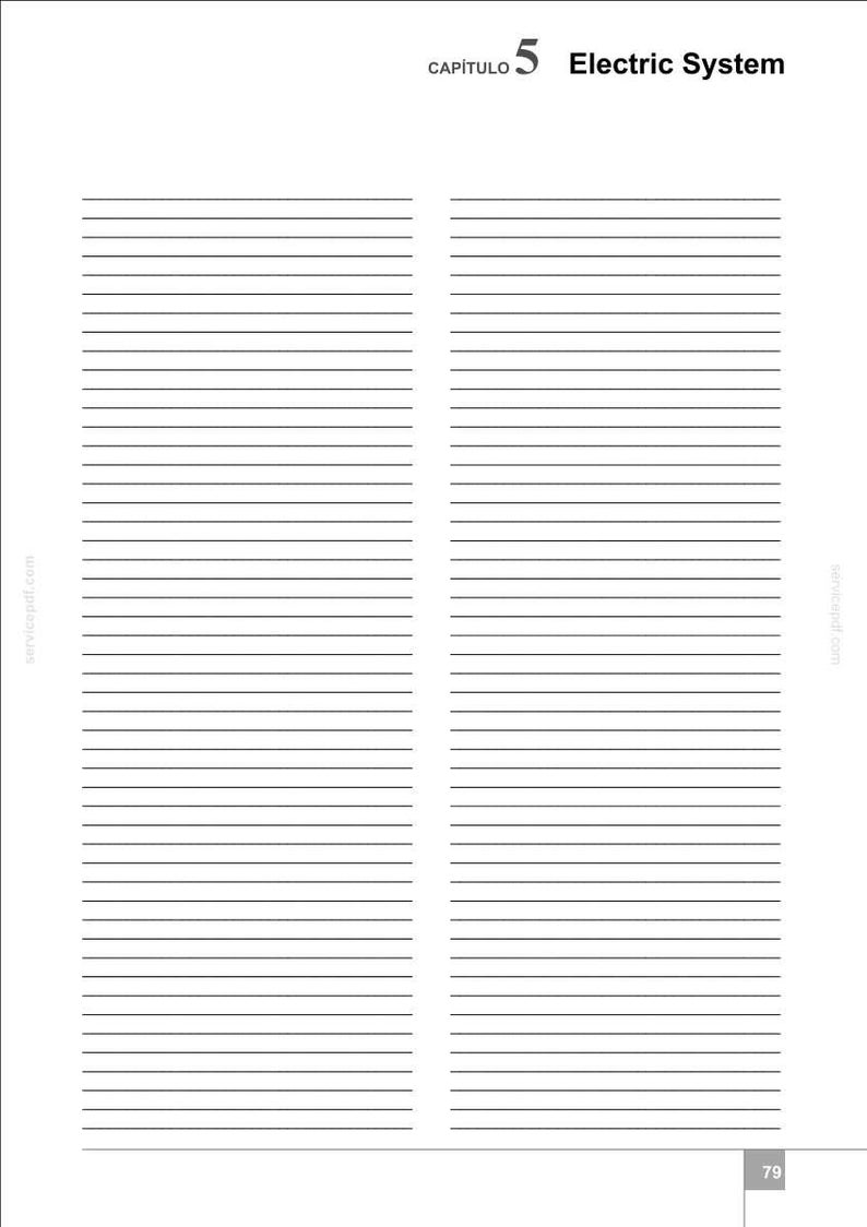 May include: A white page with horizontal black lines, designed for writing. The top of the page features the text "CAP&Iacute;TULO 5 Electric System". The page number "79" is in the bottom right corner.