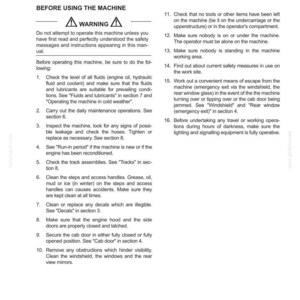 Puede incluir: Una p&aacute;gina de un manual de instrucciones de funcionamiento, titulada "Instrucciones de funcionamiento", con un s&iacute;mbolo de advertencia. El texto detalla los procedimientos de seguridad, incluyendo la comprobaci&oacute;n de fluidos, la inspecci&oacute;n de la m&aacute;quina y la seguridad.