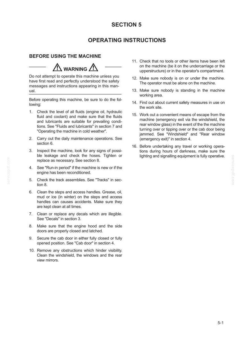 Puede incluir: Una p&aacute;gina de un manual de instrucciones de funcionamiento, titulada "Instrucciones de funcionamiento", con un s&iacute;mbolo de advertencia. El texto detalla los procedimientos de seguridad, incluyendo la comprobaci&oacute;n de fluidos, la inspecci&oacute;n de la m&aacute;quina y la seguridad.