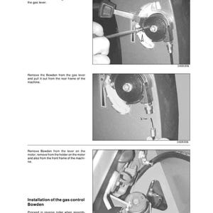 Puede incluir: Un diagrama en escala de grises que ilustra los pasos para controlar el gas. El texto dice "7 - CONTROL OF GAS" e incluye instrucciones para aflojar tornillos y quitar piezas. La imagen muestra primeros planos de componentes mec&aacute;nicos.