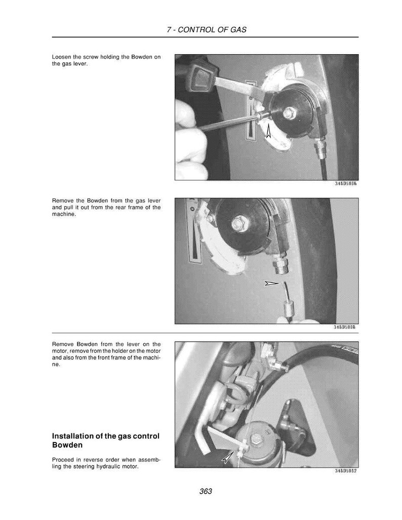 Puede incluir: Un diagrama en escala de grises que ilustra los pasos para controlar el gas. El texto dice "7 - CONTROL OF GAS" e incluye instrucciones para aflojar tornillos y quitar piezas. La imagen muestra primeros planos de componentes mec&aacute;nicos.