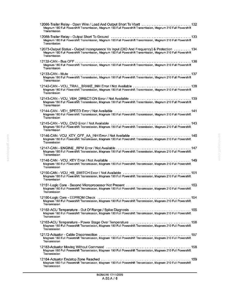 May include: A detailed technical document with a white background, listing various error codes and diagnostic information for a Magnum 180 Full Powershift Transmission. Includes codes like "Trailer Relay - Open Wire" and "Engine RPM Error".