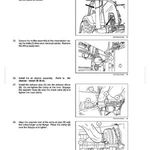 May include: Diagram of a tractor's power train components, including the muffler, exhaust elbow, air cleaner, and exhaust pipe. The image includes numbered labels and instructions for assembly and alignment. Text at the top reads "POWER TRAIN - POWER COUPLING Drop box."