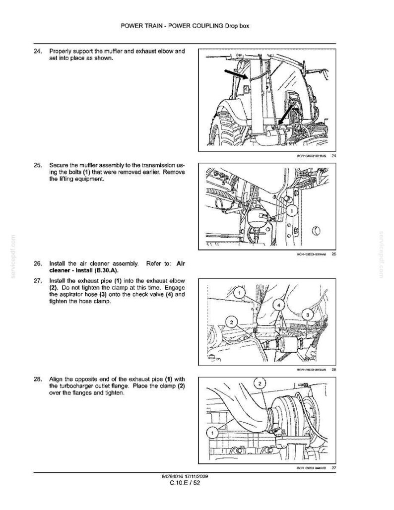 May include: Diagram of a tractor's power train components, including the muffler, exhaust elbow, air cleaner, and exhaust pipe. The image includes numbered labels and instructions for assembly and alignment. Text at the top reads "POWER TRAIN - POWER COUPLING Drop box."