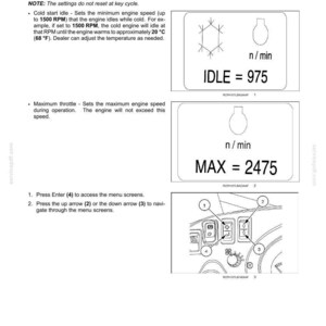 May include: A page from a manual detailing engine settings. It shows diagrams with text indicating idle and maximum engine speeds, with values of 975 and 2475 n/min. Instructions for menu navigation are also included.