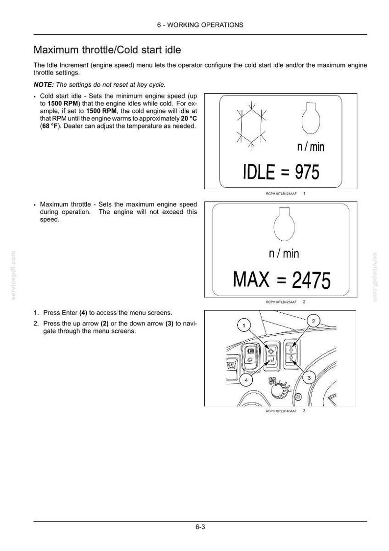 May include: A page from a manual detailing engine settings. It shows diagrams with text indicating idle and maximum engine speeds, with values of 975 and 2475 n/min. Instructions for menu navigation are also included.