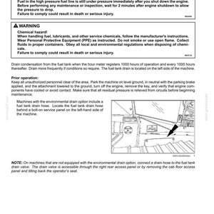 May include: Diagram from a maintenance manual detailing fuel tank sediment removal. Includes warnings about hot liquid and chemical hazards. Instructions and a diagram show the location of the fuel tank drain hose and valve.