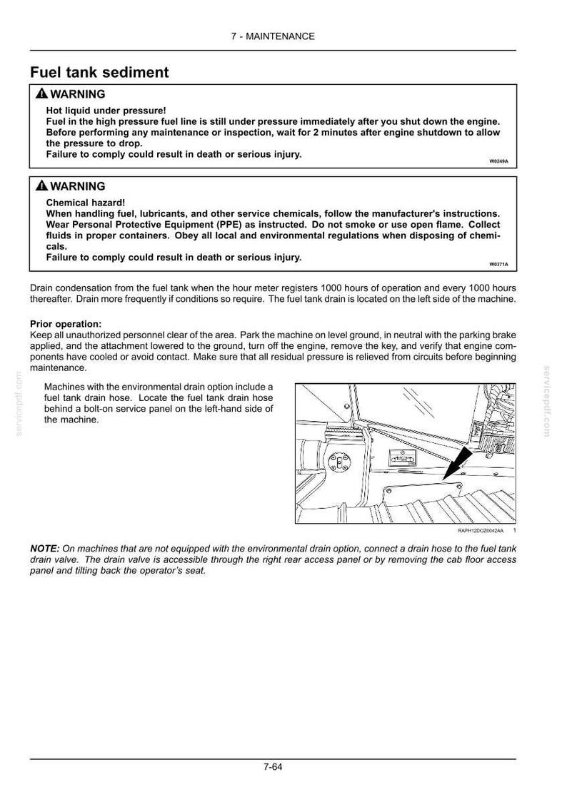 May include: Diagram from a maintenance manual detailing fuel tank sediment removal. Includes warnings about hot liquid and chemical hazards. Instructions and a diagram show the location of the fuel tank drain hose and valve.