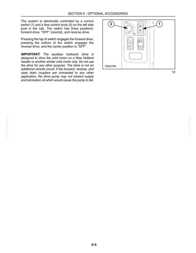 May include: A technical manual page titled SECTION 5 - OPTIONAL ACCESSORIES. It features text describing an electrical control system with a switch and flow control knob, accompanied by a diagram labeled 1 and 2 showing the control panel layout.