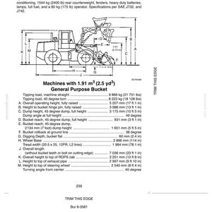 May include: Diagram of a 721C XR machine with specifications, including dimensions and operating data. The image shows a side view of the machine with labeled measurements in feet and inches, and metric units. Text includes tipping load, bucket reach, and wheel base.
