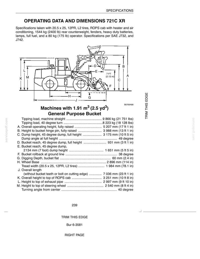 May include: Diagram of a 721C XR machine with specifications, including dimensions and operating data. The image shows a side view of the machine with labeled measurements in feet and inches, and metric units. Text includes tipping load, bucket reach, and wheel base.