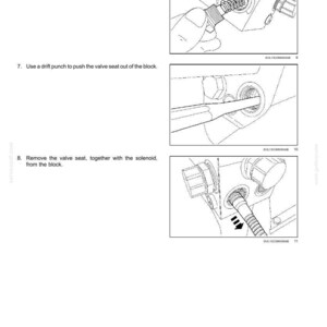 Op de afbeelding: Diagrammen die stappen voor hydraulisch systeem onderhoud illustreren. Instructies omvatten het verwijderen van een plug, veer en klepkop, het gebruik van een doorslag en het verwijderen van de klepzitting en magneetventiel. Tekst bovenaan luidt "Hydraulische systemen - Hydraulische systemen."