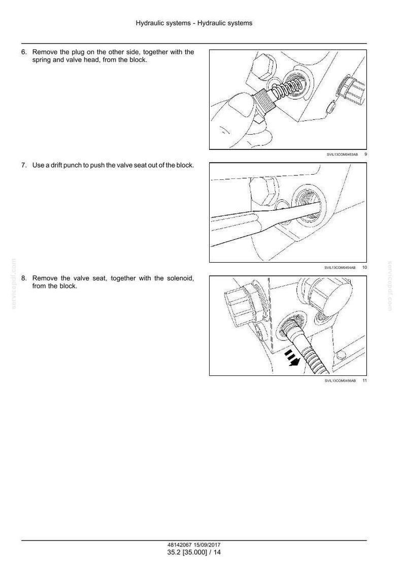 Op de afbeelding: Diagrammen die stappen voor hydraulisch systeem onderhoud illustreren. Instructies omvatten het verwijderen van een plug, veer en klepkop, het gebruik van een doorslag en het verwijderen van de klepzitting en magneetventiel. Tekst bovenaan luidt "Hydraulische systemen - Hydraulische systemen."
