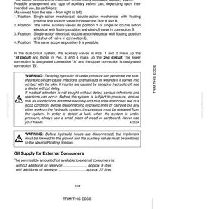May include: A technical manual page titled OPERATIONAL USE AUXILIARY VALVES. It details tractor valve positions, hydraulic oil safety warnings, and oil supply capacities of 9 liters and 22 liters. The text includes instructions for external consumers.