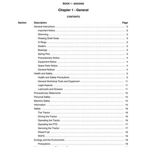 May include: A page from a manual titled "SECTION 00 - GENERAL" with the text "BOOK 1 - 84253592" and "Chapter 1 - General". The contents include a list of topics such as "General Instructions" and "Bearings".