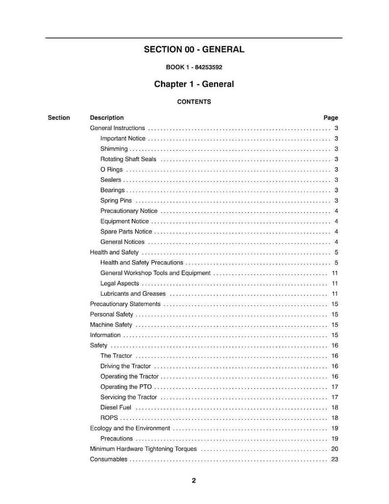 May include: A page from a manual titled "SECTION 00 - GENERAL" with the text "BOOK 1 - 84253592" and "Chapter 1 - General". The contents include a list of topics such as "General Instructions" and "Bearings".