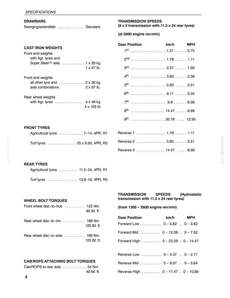 May include: A technical specification document detailing tractor drawbars, cast iron weights, tyre types, wheel bolt torques, and cab/ROPS bolt torques. It includes two tables listing transmission speeds in km/h and MPH for gear and hydrostatic systems.