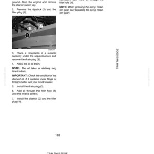 May include: A page from a manual detailing the process of draining and refilling fluids. The image includes numbered steps, diagrams, and instructions for maintenance procedures. Text includes "Draining and refilling" and "Lubrication/Filters/Fluids".