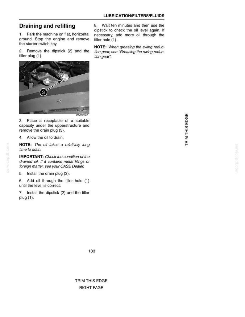 May include: A page from a manual detailing the process of draining and refilling fluids. The image includes numbered steps, diagrams, and instructions for maintenance procedures. Text includes "Draining and refilling" and "Lubrication/Filters/Fluids".
