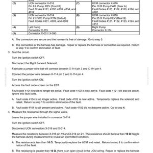 May include: Diagram of electrical system fault codes, including UCM connectors and fault codes. Text includes instructions for testing circuits and measuring resistance, with a schematic legend for reference.