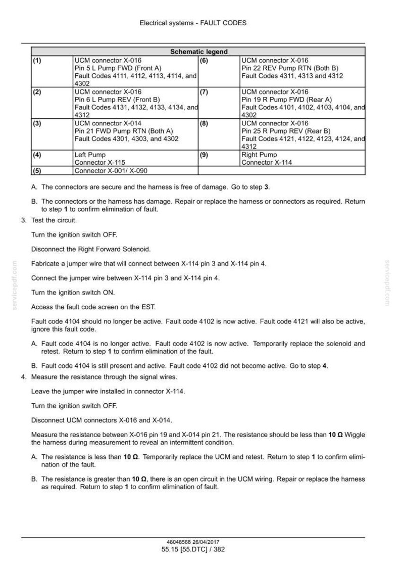 May include: Diagram of electrical system fault codes, including UCM connectors and fault codes. Text includes instructions for testing circuits and measuring resistance, with a schematic legend for reference.