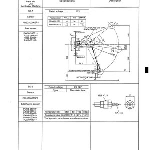 May include: Technical diagram with specifications for a fuel sensor and an E/G thermo sensor. Includes tables with rated voltage, float position, resistance, and temperature values. Features detailed mechanical drawings and part numbers.
