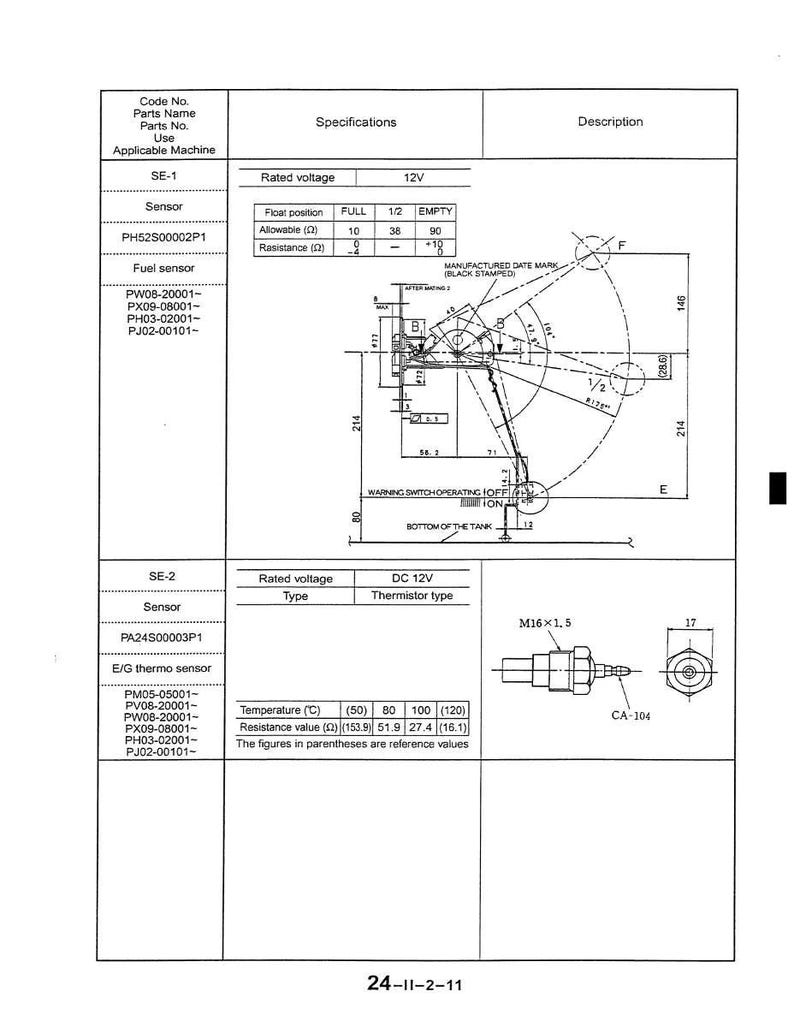May include: Technical diagram with specifications for a fuel sensor and an E/G thermo sensor. Includes tables with rated voltage, float position, resistance, and temperature values. Features detailed mechanical drawings and part numbers.