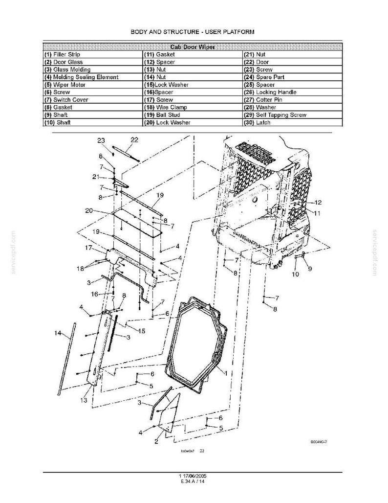 May include: An exploded diagram of a user platform, labeled "BODY AND STRUCTURE - USER PLATFORM." The image includes a parts list with items like screws, gaskets, and a wiper motor. The diagram is in black and white.