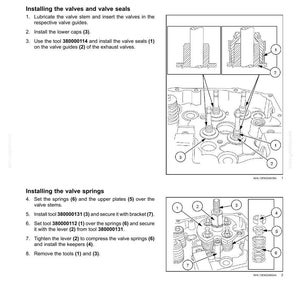 May include: Diagram of a cylinder head assembly process, with detailed illustrations and numbered steps. Instructions include installing valves, valve seals, and valve springs, with tool references. The text includes "Engine - Cylinder heads".