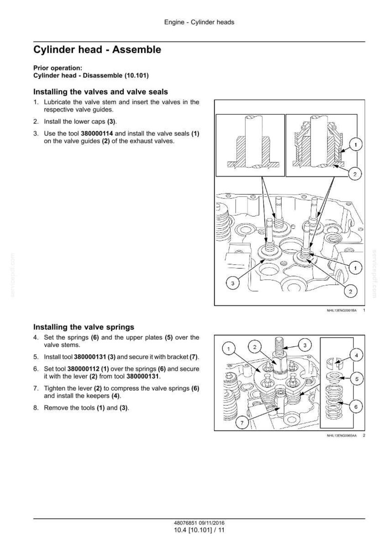May include: Diagram of a cylinder head assembly process, with detailed illustrations and numbered steps. Instructions include installing valves, valve seals, and valve springs, with tool references. The text includes "Engine - Cylinder heads".