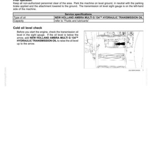 May include: A technical manual page titled 7-MAINTENANCE Transmission oil level - Check. It includes instructions for checking oil levels every 50 hours, safety precautions, service specifications for New Holland Ambra Multi G 134 oil, and a line drawing showing the sight gauge location with an arrow.