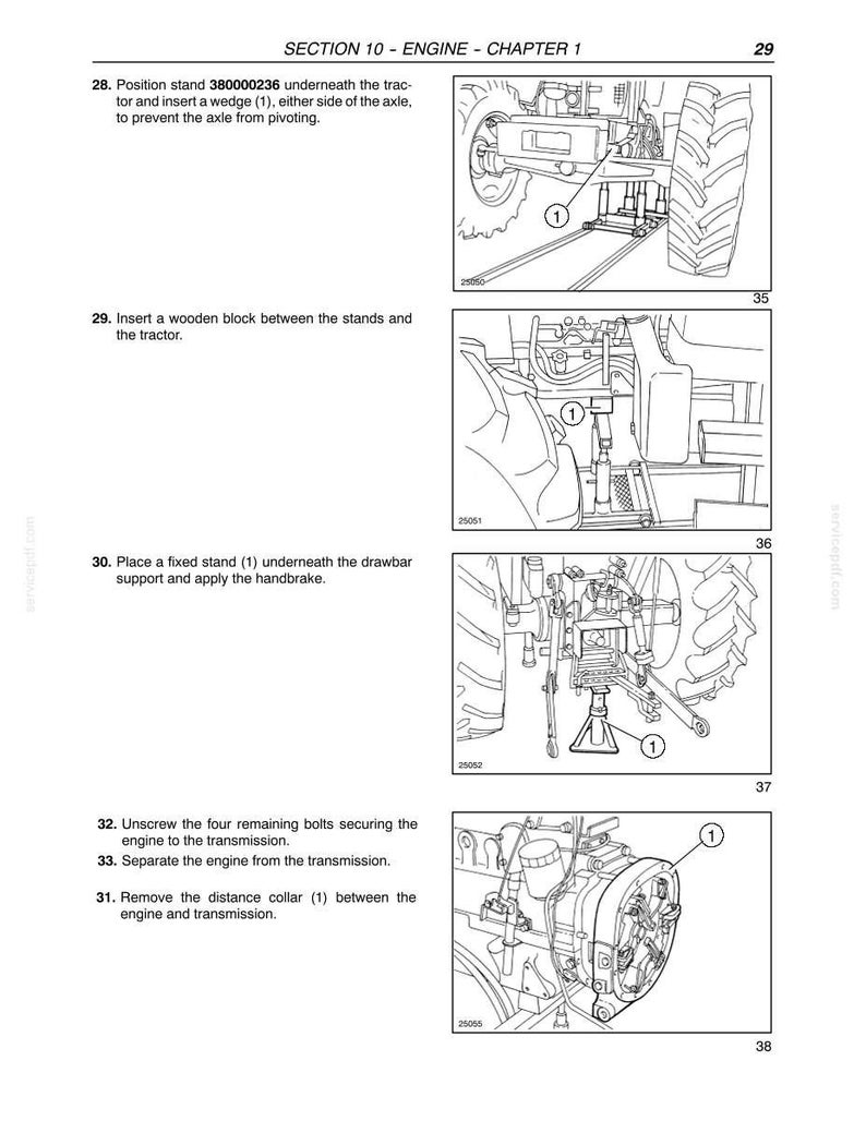 May include: A technical manual page titled SECTION 10 - ENGINE - CHAPTER 1, page 29, featuring four black and white line drawings of tractor maintenance procedures, including engine separation steps, numbered 28, 29, 30, 31, 32, and 33.