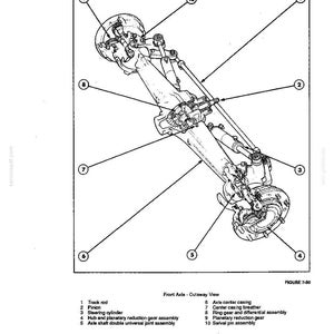 May include: An engineering diagram of a front axle cutaway view, labeled with numbers and arrows. The diagram includes a track rod, pinion, steering cylinder, and hub assembly. The text reads "SECTION 7 - STEERING AND FRONT AXLE."