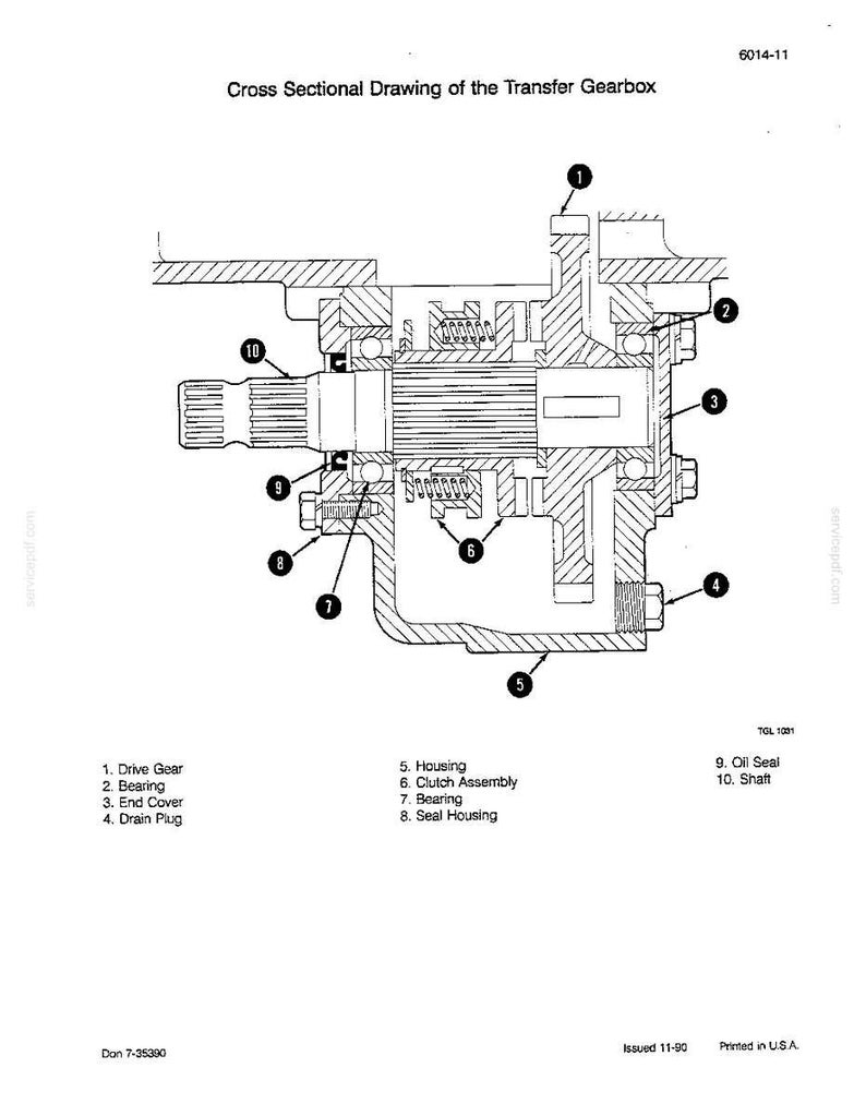 May include: A detailed cross-sectional diagram of a transfer gearbox, showing internal components such as drive gear, bearing, and clutch assembly. The drawing is in black and white, with numbered parts.