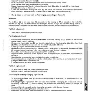 May include: A page from a CASE Hydraulic Shear CS Series maintenance manual. The document details replacement procedures for the guide blade, tip blade, and anti-wear plate, including adjustments and replacement steps. Text is in English.