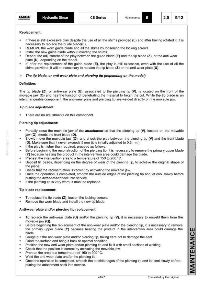 May include: A page from a CASE Hydraulic Shear CS Series maintenance manual. The document details replacement procedures for the guide blade, tip blade, and anti-wear plate, including adjustments and replacement steps. Text is in English.