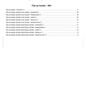 May include: A white document page with the title "Index" and the subtitle "Hydraulic systems - 35". The document lists various "Flip-up header" topics, including assembly, disassembly, and sectional views, with corresponding page numbers.