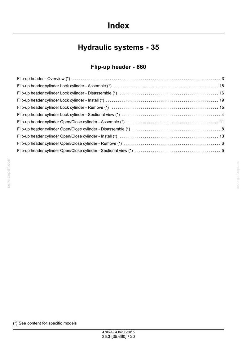 May include: A white document page with the title "Index" and the subtitle "Hydraulic systems - 35". The document lists various "Flip-up header" topics, including assembly, disassembly, and sectional views, with corresponding page numbers.