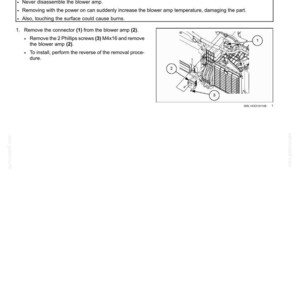 May include: Diagram of an HVAC control system, detailing blower amplifier replacement. Includes numbered components, safety warnings, and instructions for removing and installing the blower amp. Text includes "CAUTION" and measurements in inches.