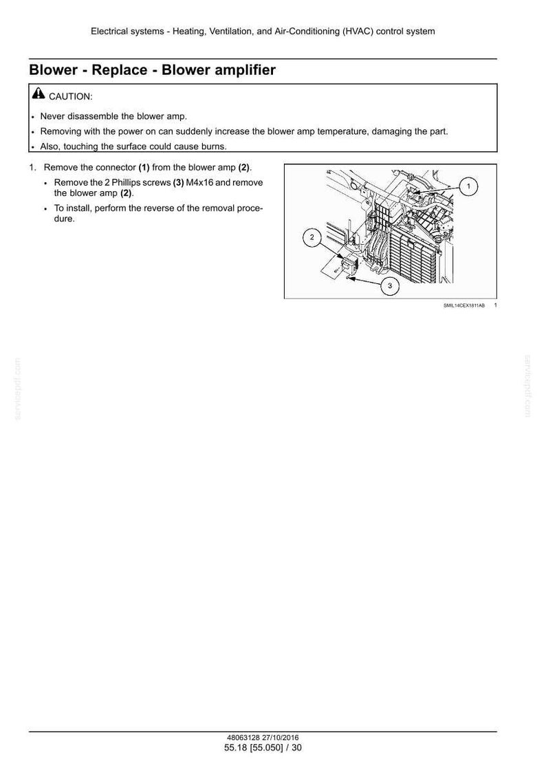 May include: Diagram of an HVAC control system, detailing blower amplifier replacement. Includes numbered components, safety warnings, and instructions for removing and installing the blower amp. Text includes "CAUTION" and measurements in inches.