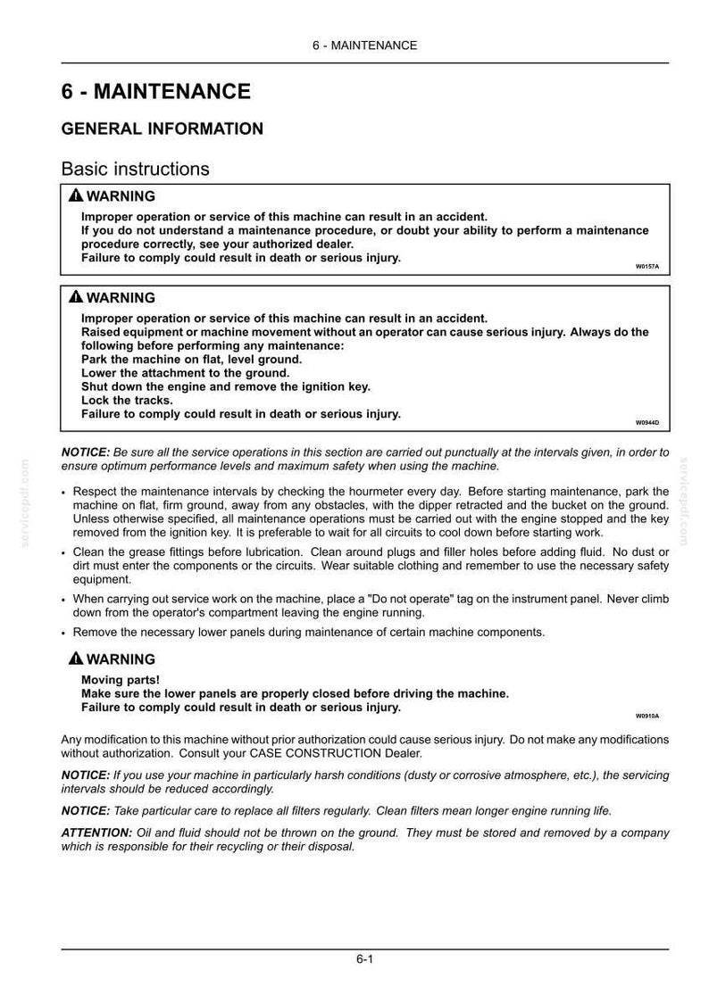 Op de afbeelding: Een pagina uit een onderhoudshandleiding met de titel "6 - ONDERHOUD". De pagina bevat veiligheidswaarschuwingen, basisinstructies en mededelingen over machineonderhoud, met de nadruk op veiligheid en de juiste procedures.