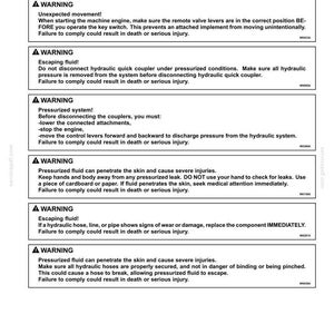 May include: A technical document page titled 6-WORKING OPERATIONS featuring safety rules for a front three-point hitch. It lists six warning sections regarding unexpected movement, escaping pressurized hydraulic fluid, and system maintenance procedures.